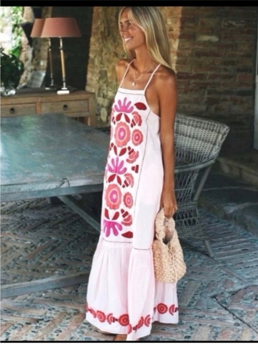 Zara Limited Edition Pink Embroidered Maxi Dress with Red Floral Motif - Blogger - Picture 2 of 6